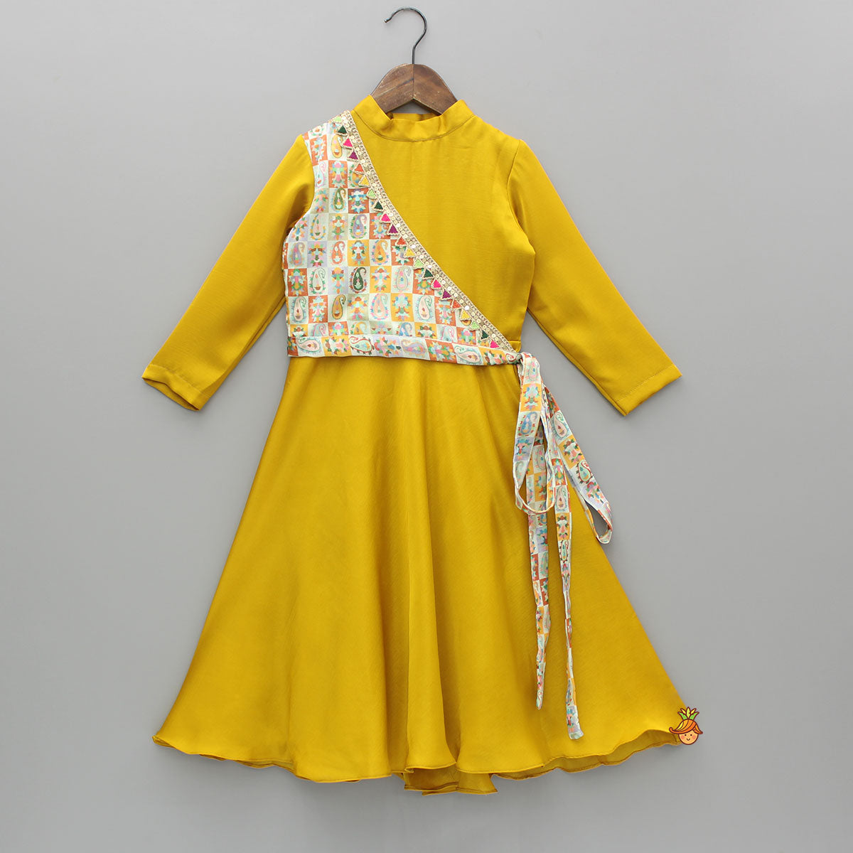 Pre Order: Mustard Flared Kurti With Multicolour Printed One Shoulder Attached Jacket