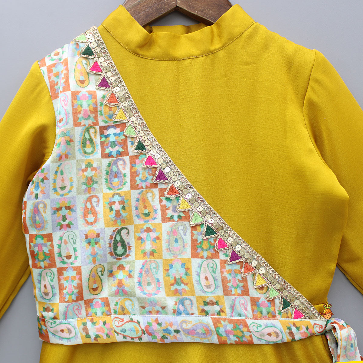 Pre Order: Mustard Flared Kurti With Multicolour Printed One Shoulder Attached Jacket