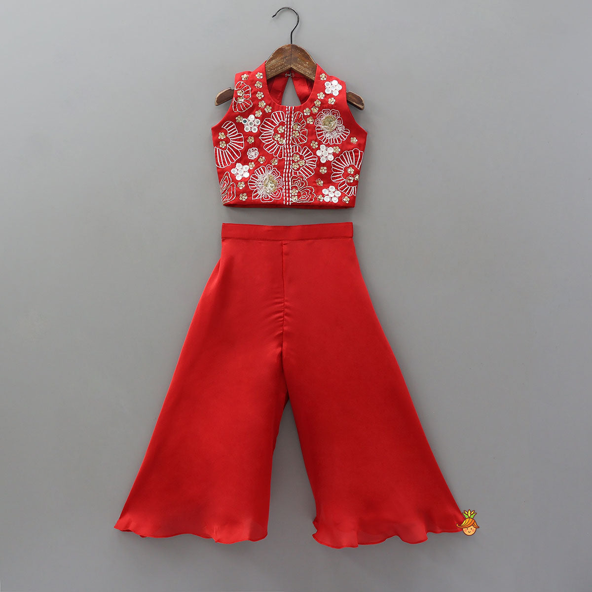 Pre Order: Red Embroidred Halter Neck Top With Flared Palazzo