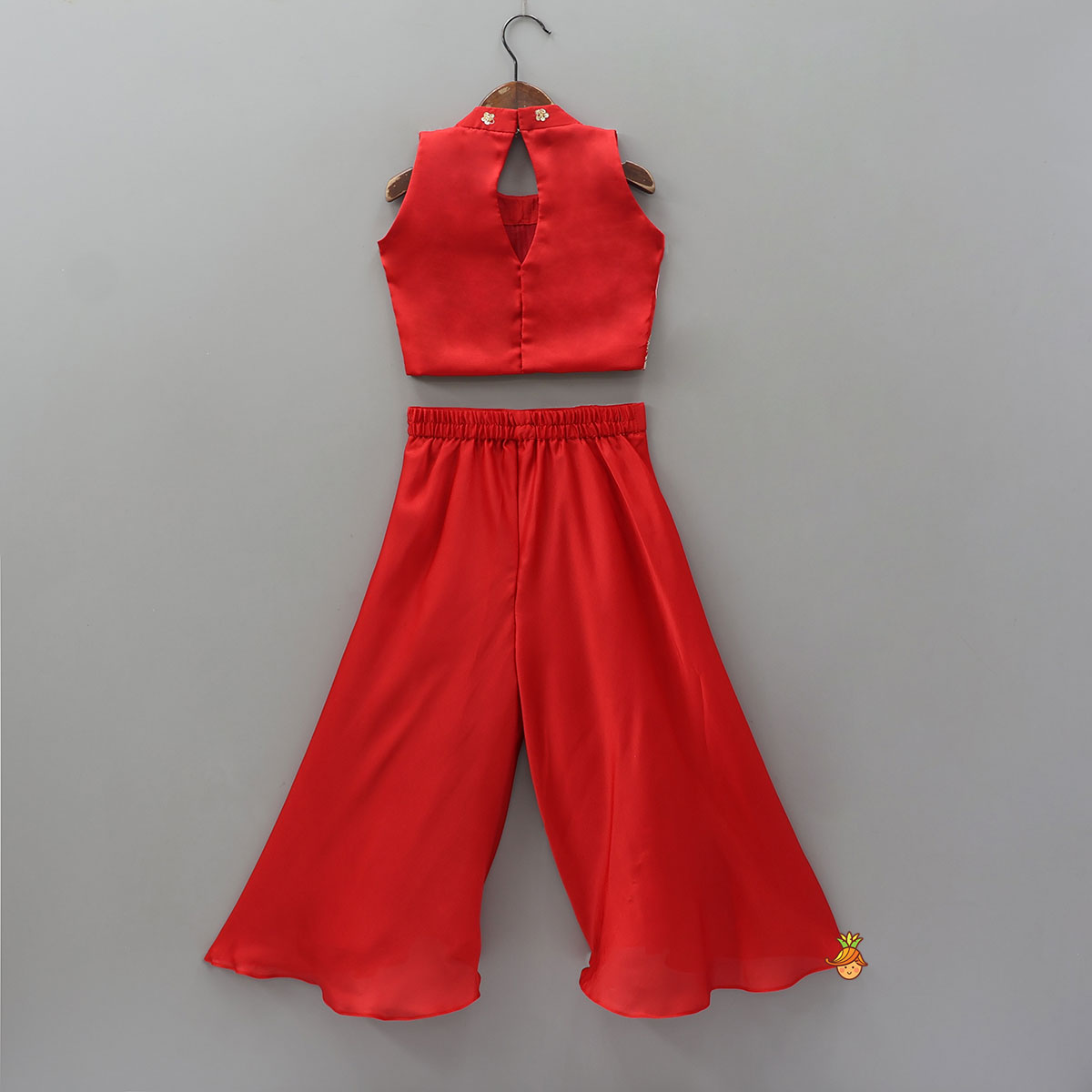 Pre Order: Red Embroidred Halter Neck Top With Flared Palazzo