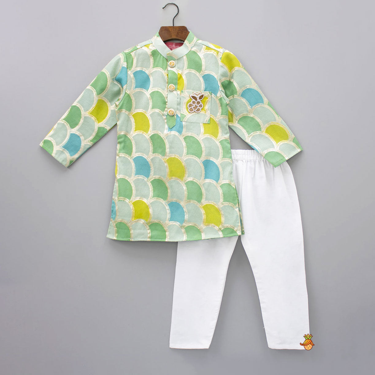 Pre Order: Multicolour Brocade Kurta And White Pyjama