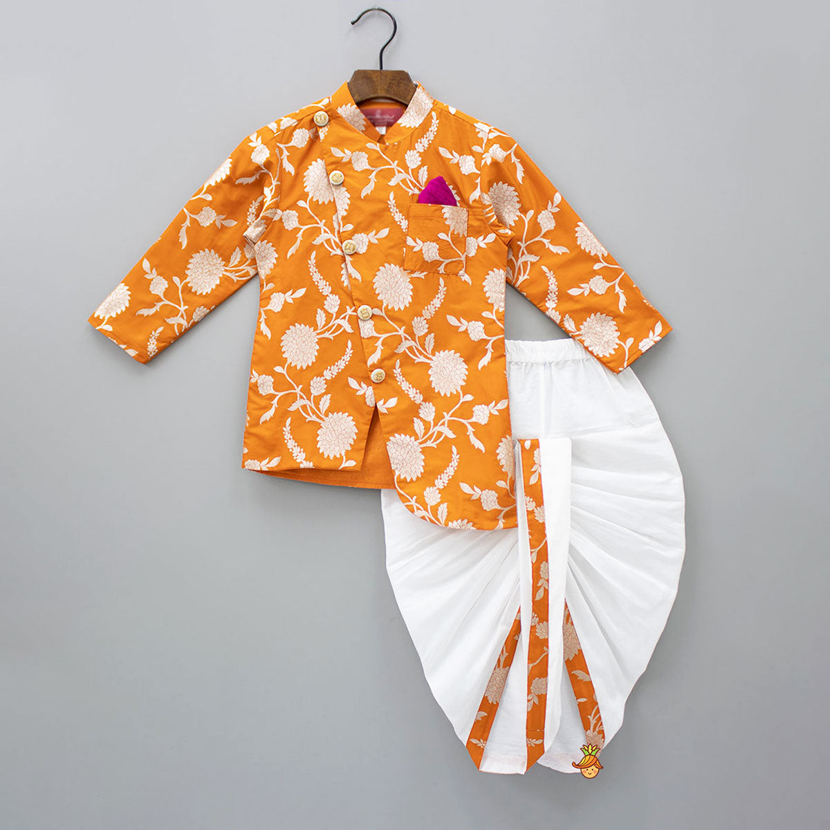 Pre Order: Orange Floral Brocade Asymmetric Kurta With Dhoti