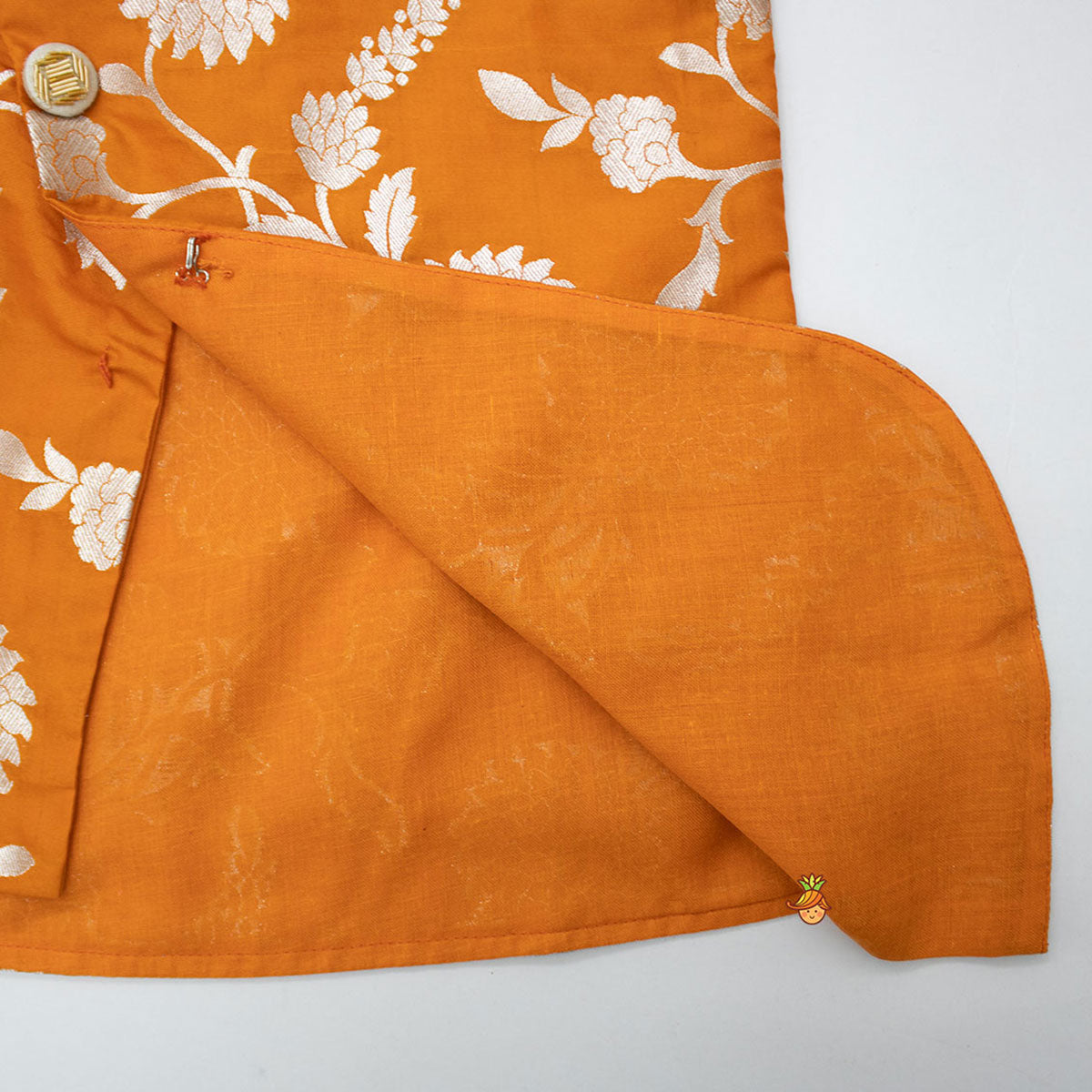 Pre Order: Orange Floral Brocade Asymmetric Kurta With Dhoti