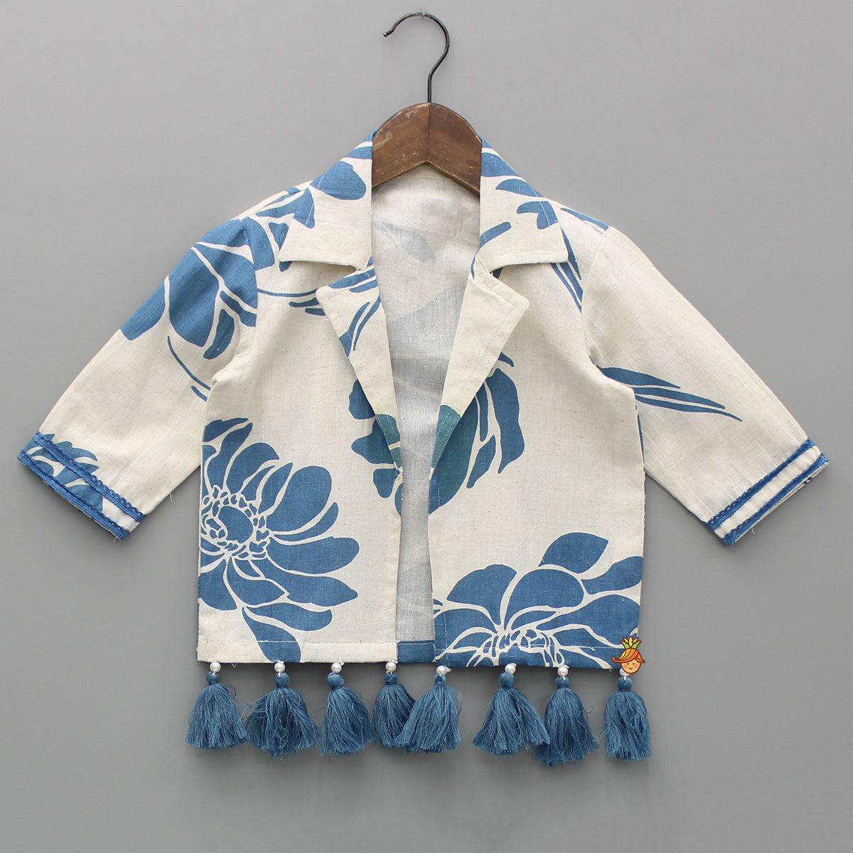 Pre Order: Blue Printed Flared Kurti And Front Open Collar Jacket