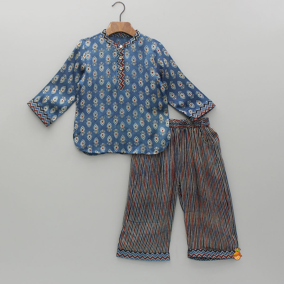 Pre Order: Blue Printed Kurta With Striped Pant