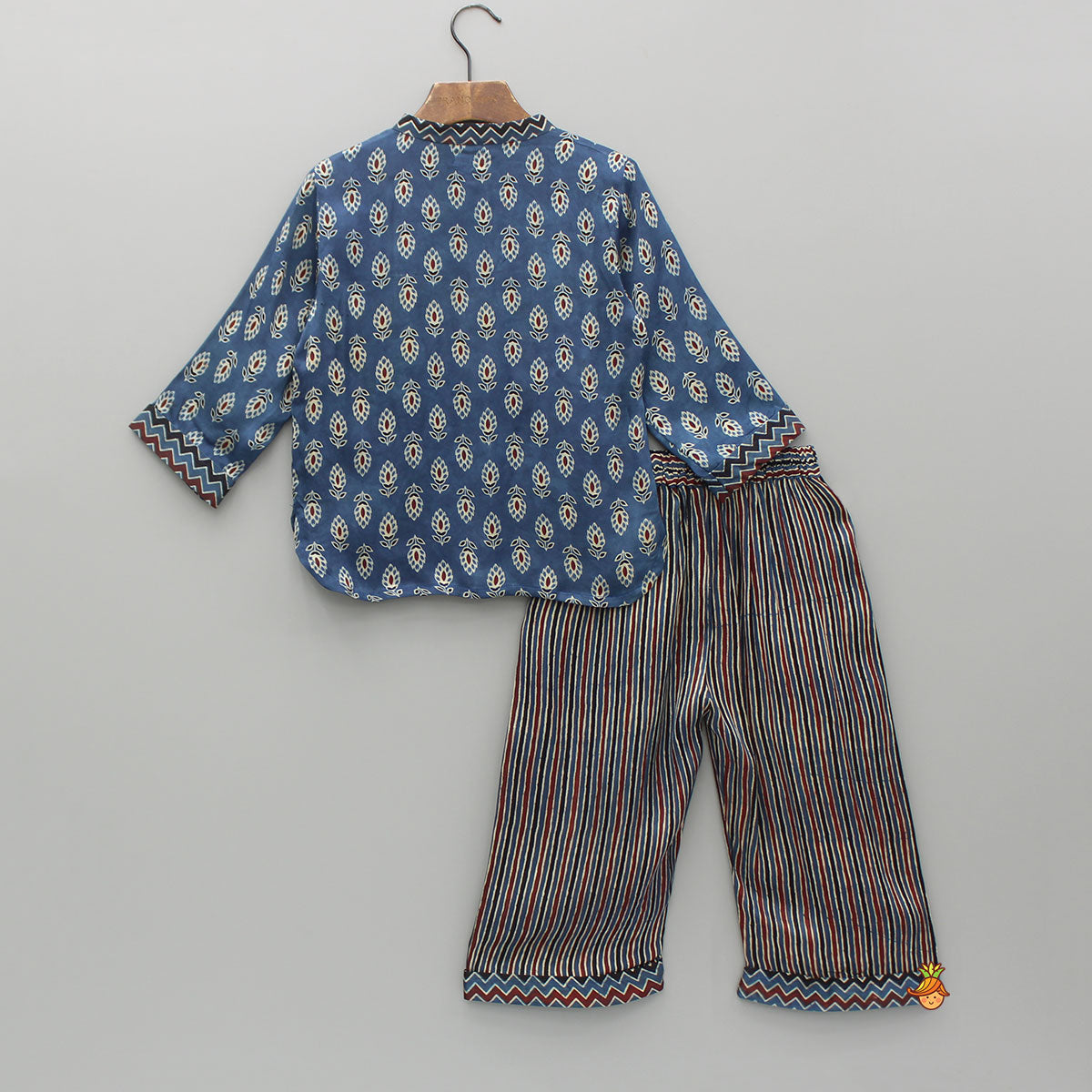 Pre Order: Blue Printed Kurta With Striped Pant