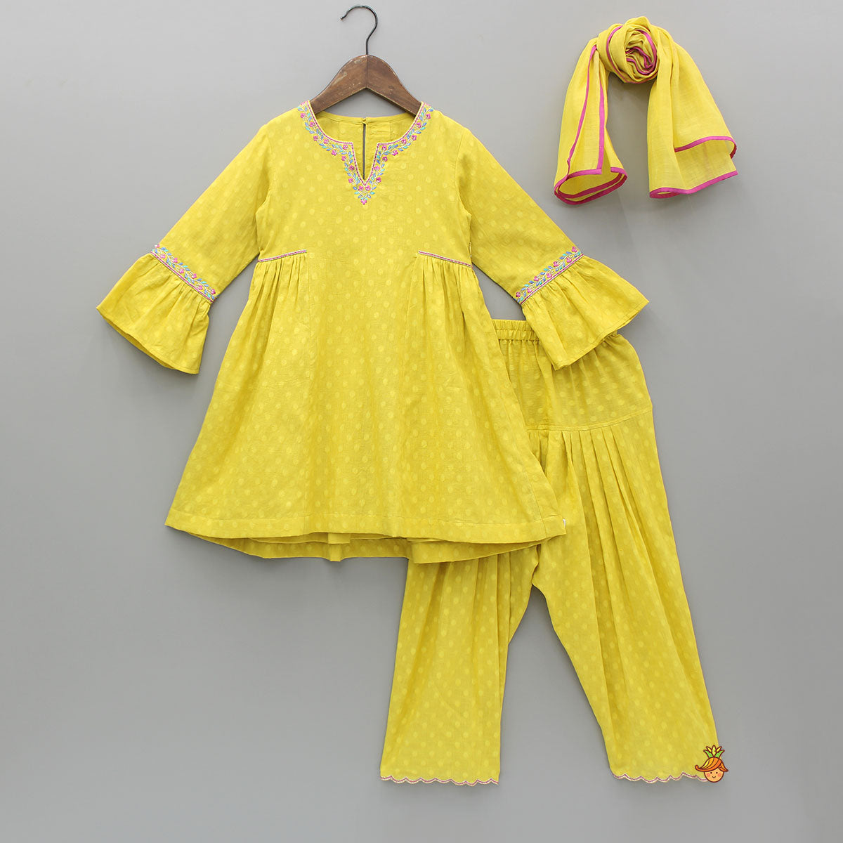 Pre Order: Embroidered Yellow Kurti And Salwar With Dupatta