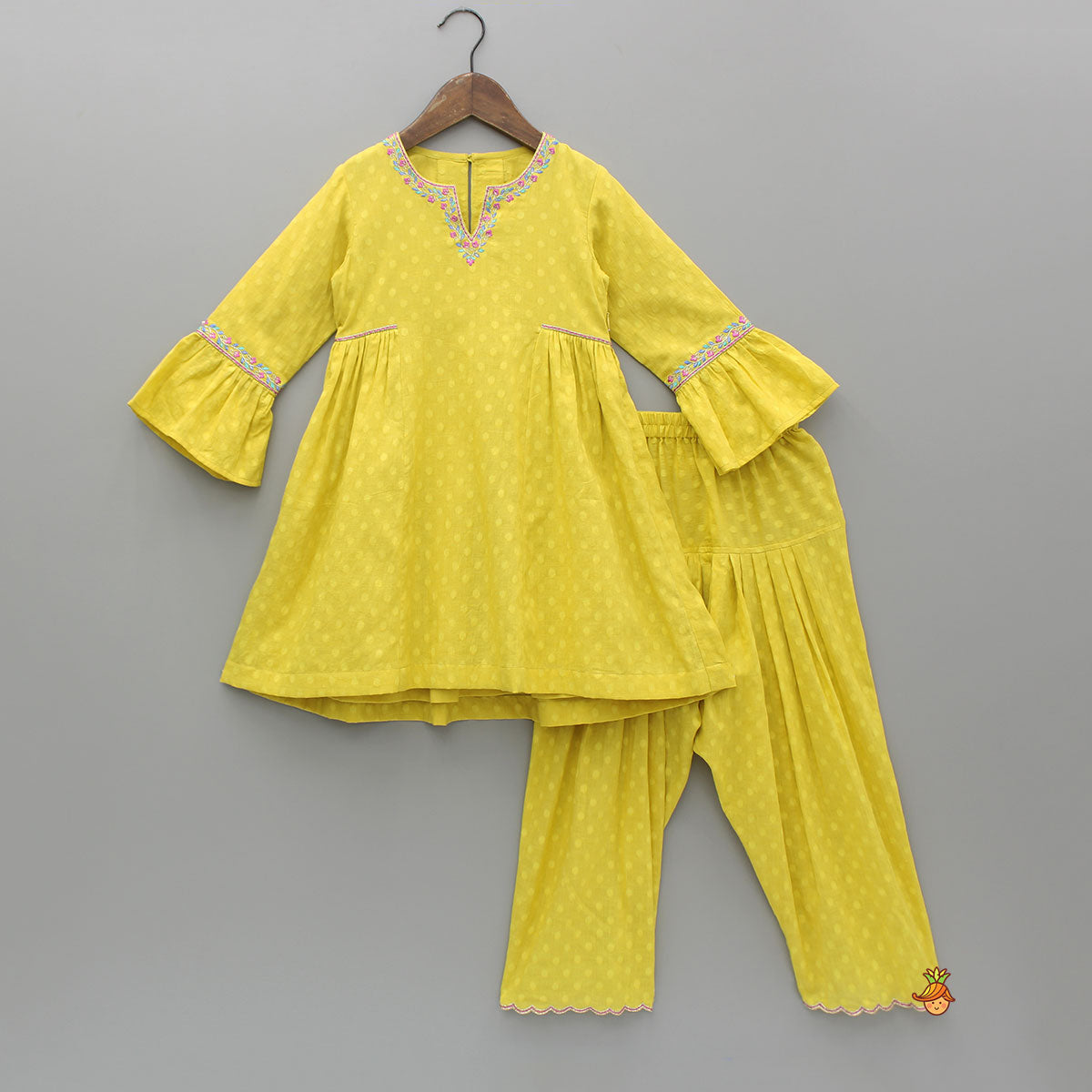 Pre Order: Embroidered Yellow Kurti And Salwar With Dupatta