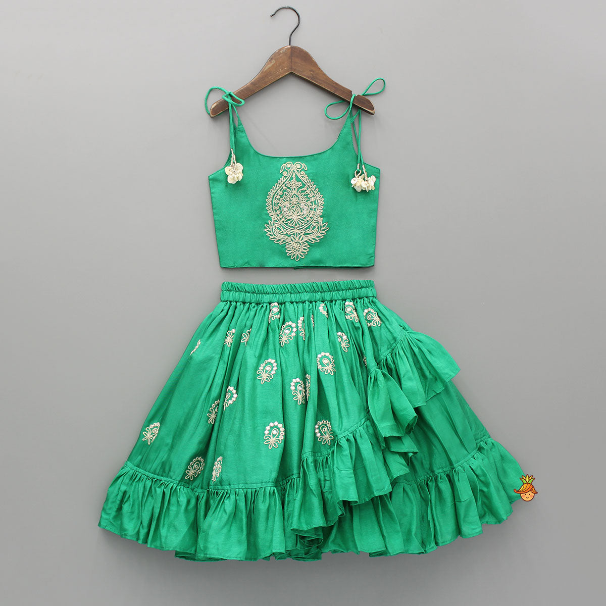 Pre Order: Green Dori Embroidered Strappy Top And Stylish Layered Lehenga