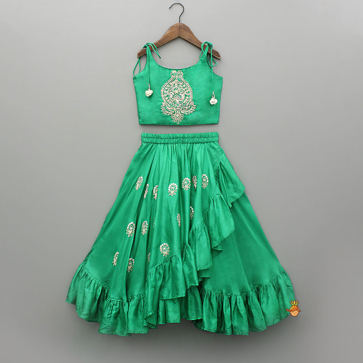 Pre Order: Green Dori Embroidered Strappy Top And Stylish Layered Lehenga