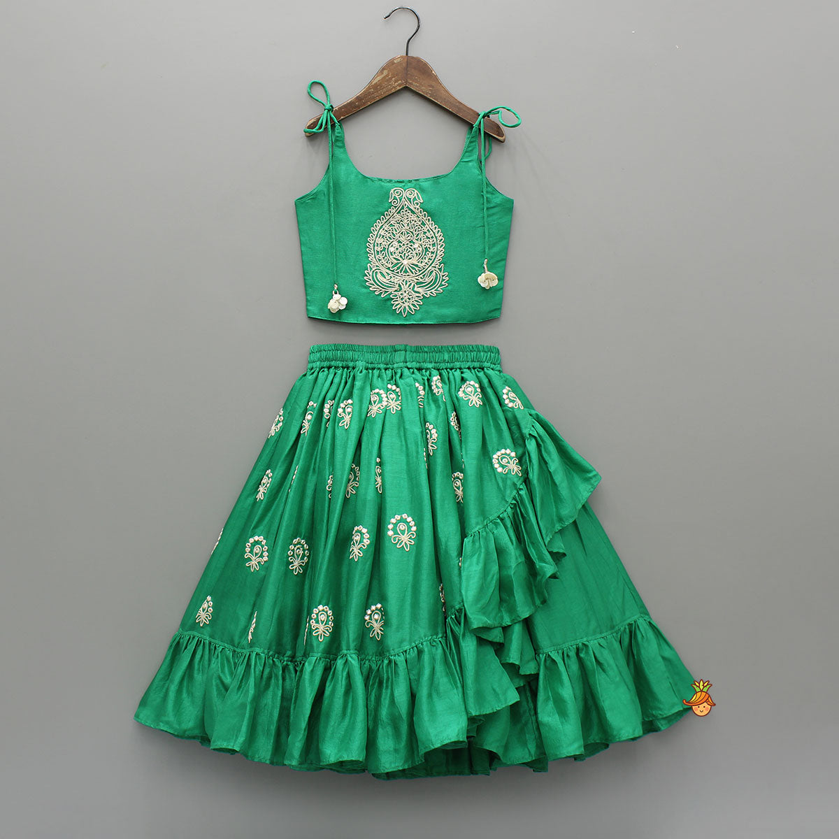 Pre Order: Green Dori Embroidered Strappy Top And Stylish Layered Lehenga