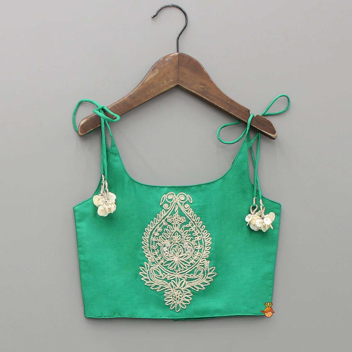 Pre Order: Green Dori Embroidered Strappy Top And Stylish Layered Lehenga