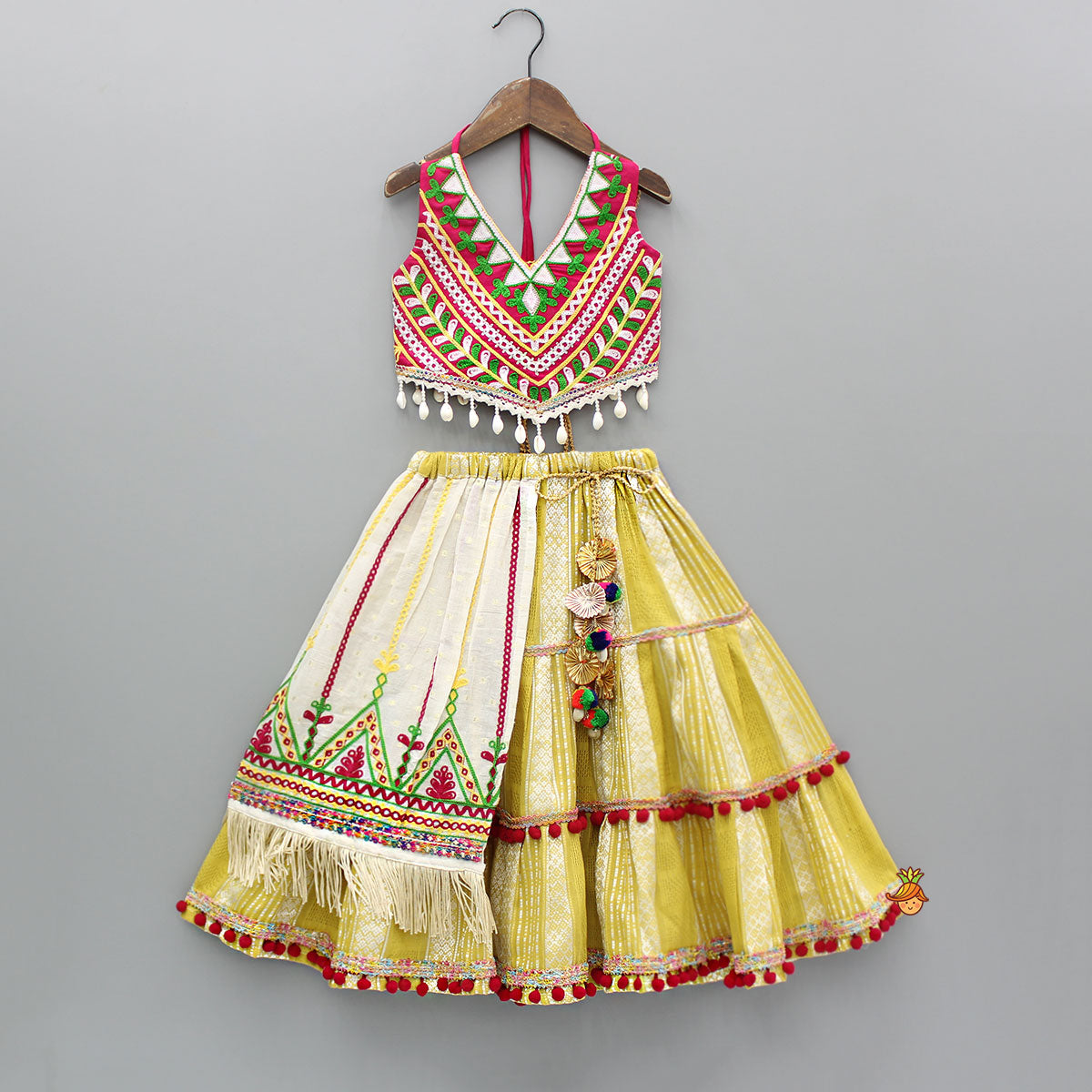 Multicoloured Thread Embroidered Halter Neck Top With Flap Lehenga