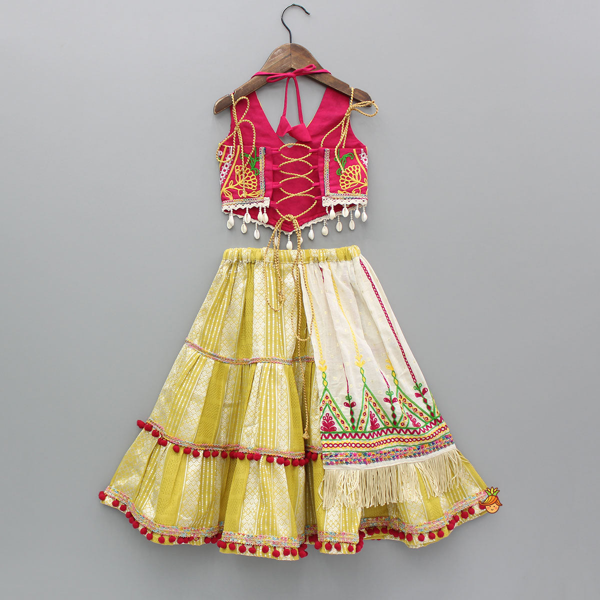 Multicoloured Thread Embroidered Halter Neck Top With Flap Lehenga