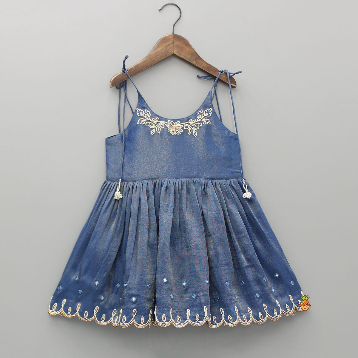 Pre Order: Blue Shimmery Strappy Embroidered Kurti And Palazzo