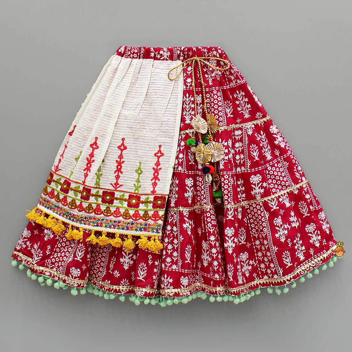 Multicolour Thread Embroidered Top And Printed Lehenga