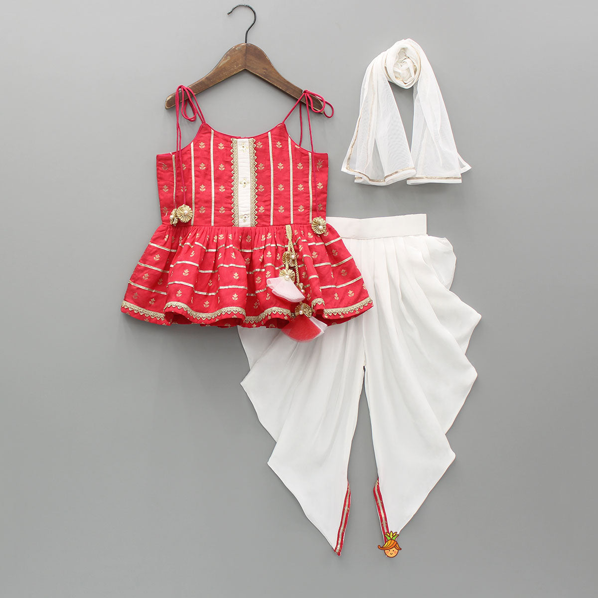 Pre Order: Embroidered Strappy Peplum Top And Dhoti With Dupatta