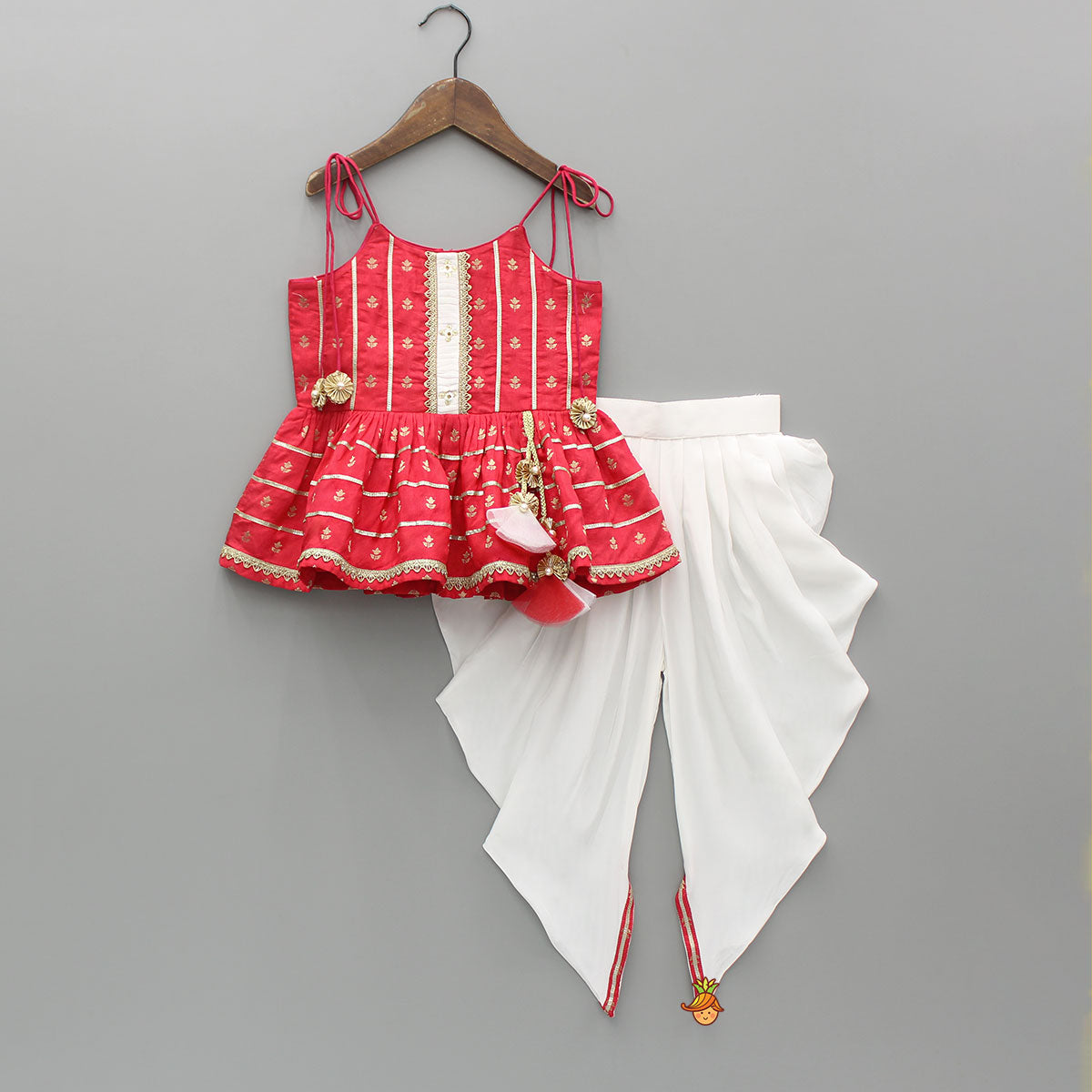 Pre Order: Embroidered Strappy Peplum Top And Dhoti With Dupatta