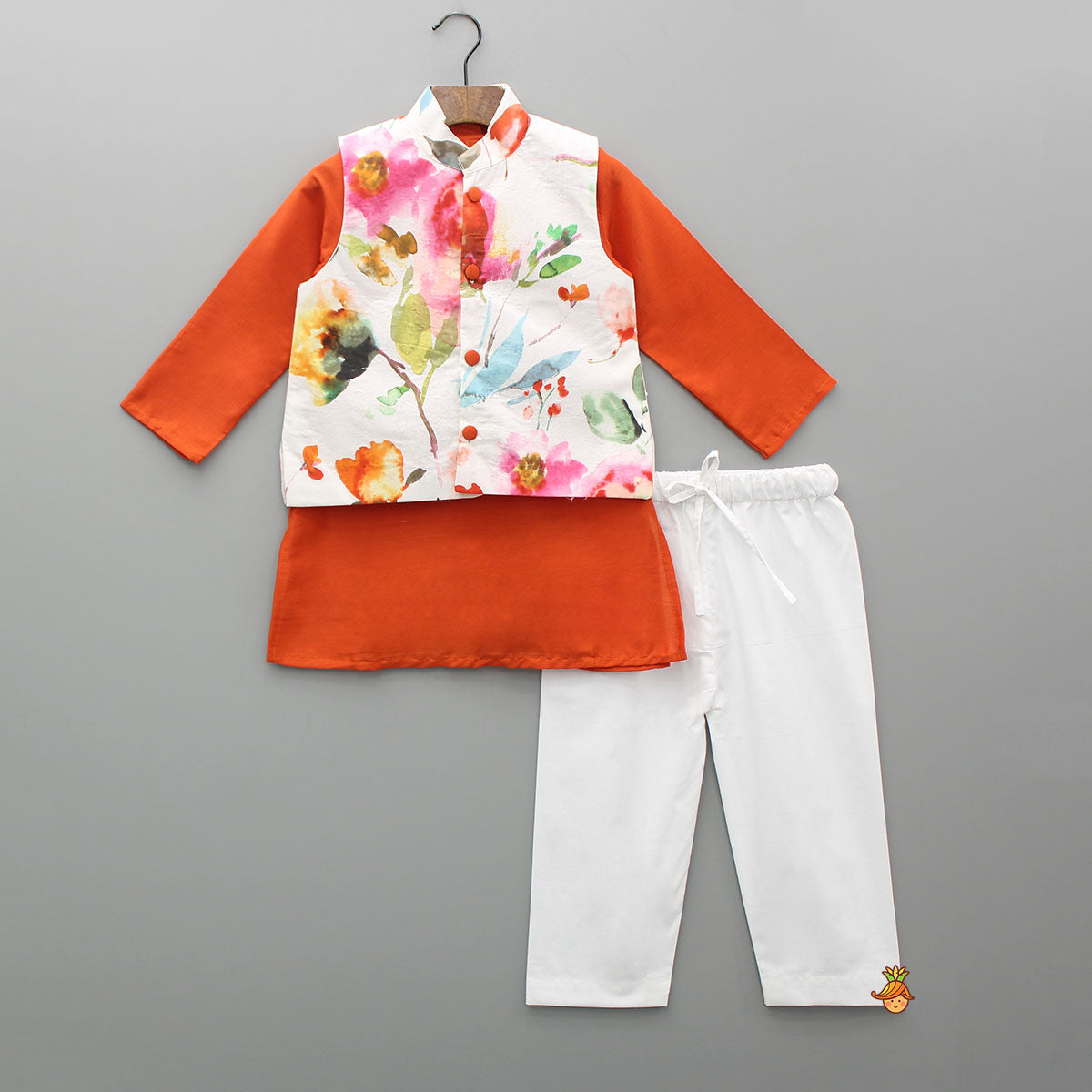 Pre Order: Orange Kurta And Floral Printed Jacket With Pyjama