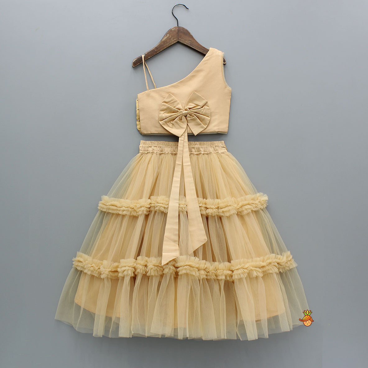 Pre Order: Beige Lace Work One Shoulder Top And Ruffle Lehenga