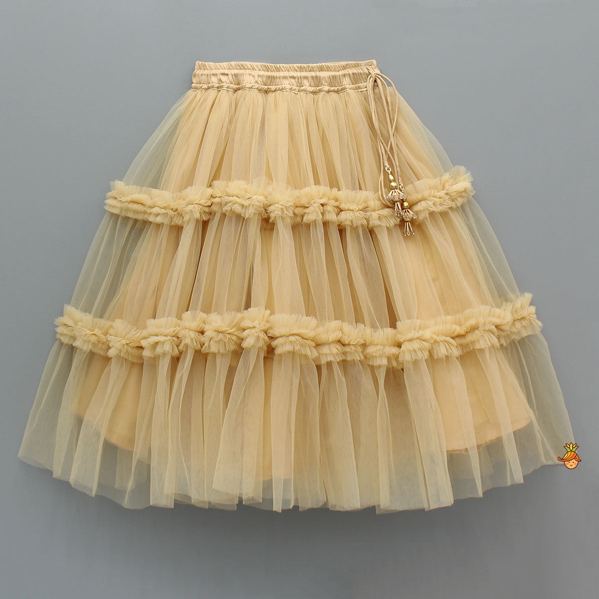 Pre Order: Beige Lace Work One Shoulder Top And Ruffle Lehenga
