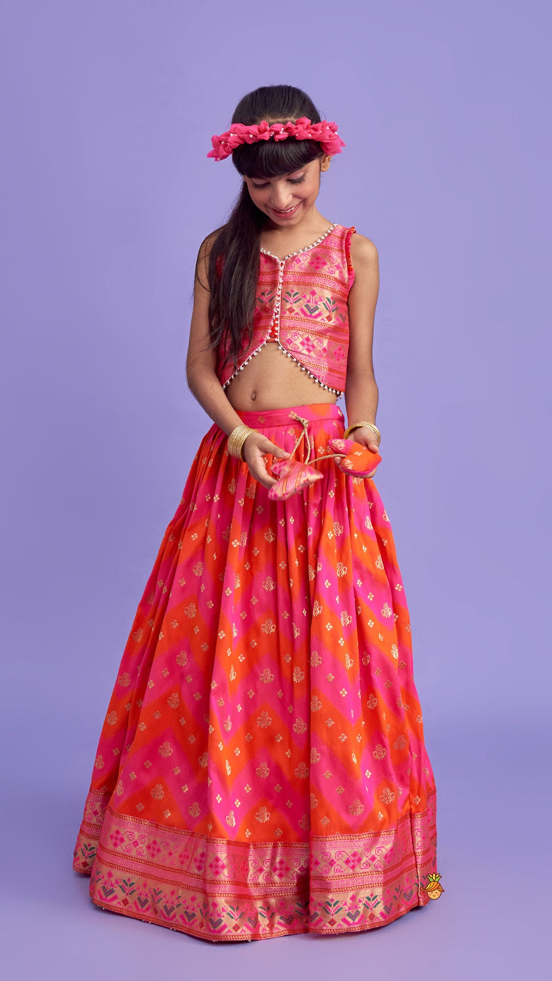 Pre Order: Dual Tone Brocade Embroidered Top And Lehenga