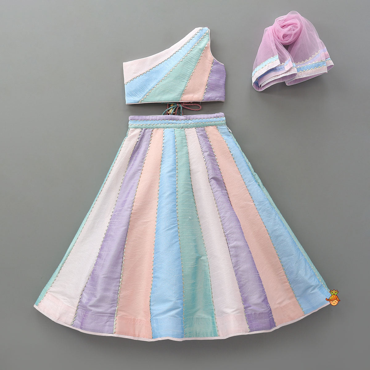 Pre Order: Colour Blocked Multicoloured Top With Lehenga And Dupatta