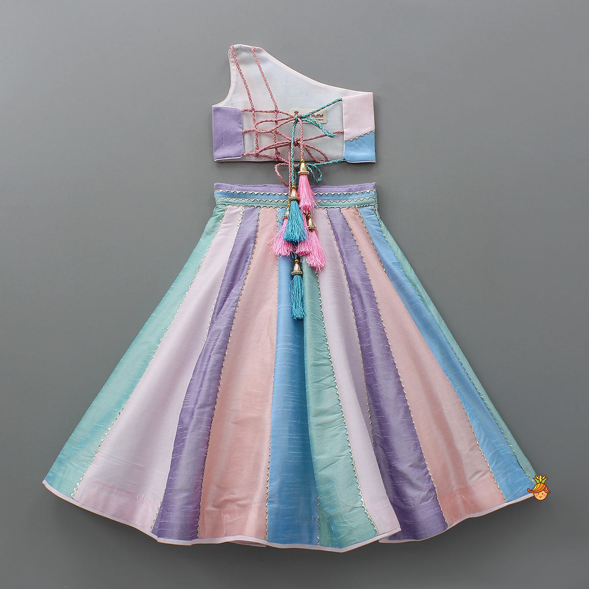 Pre Order: Colour Blocked Multicoloured Top With Lehenga And Dupatta