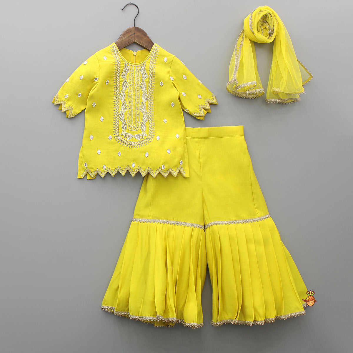 Pre Order: Embroidered Yellow Kurti With Sharara And Dupatta