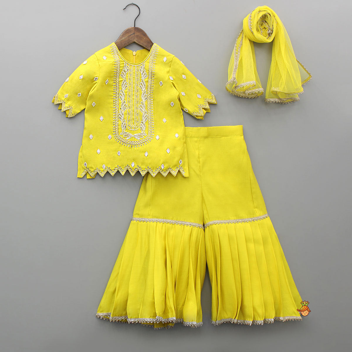 Pre Order: Embroidered Yellow Kurti With Sharara And Dupatta