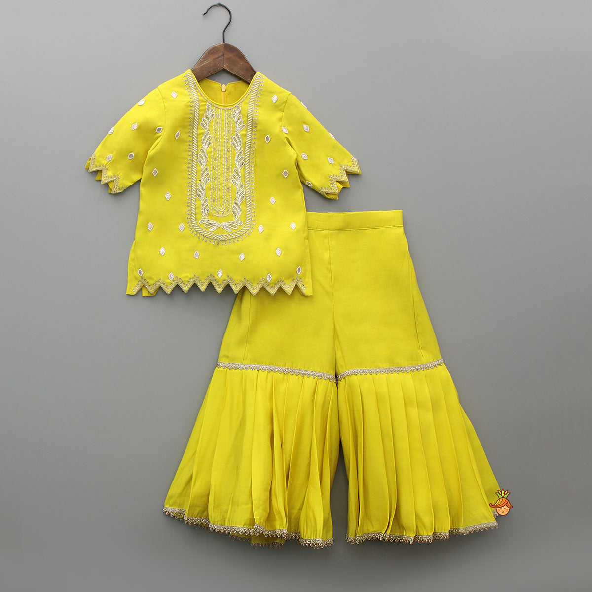 Pre Order: Embroidered Yellow Kurti With Sharara And Dupatta