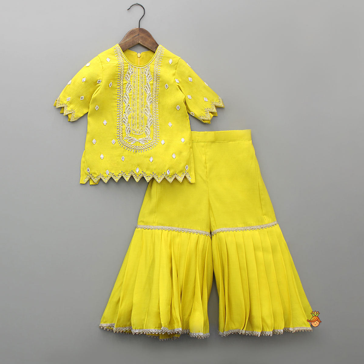 Pre Order: Embroidered Yellow Kurti With Sharara And Dupatta