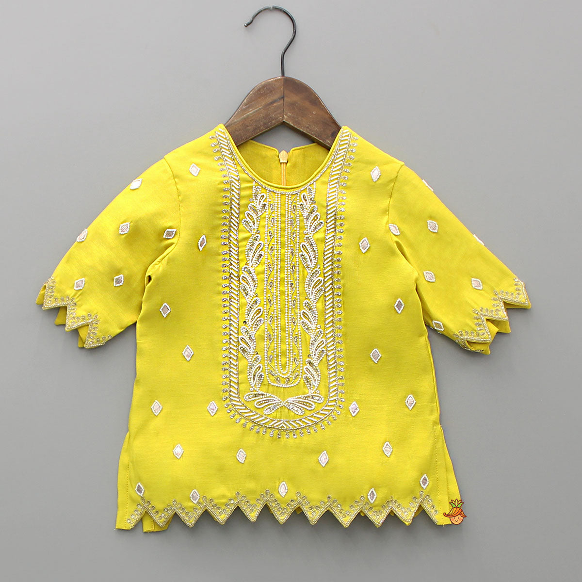 Pre Order: Embroidered Yellow Kurti With Sharara And Dupatta