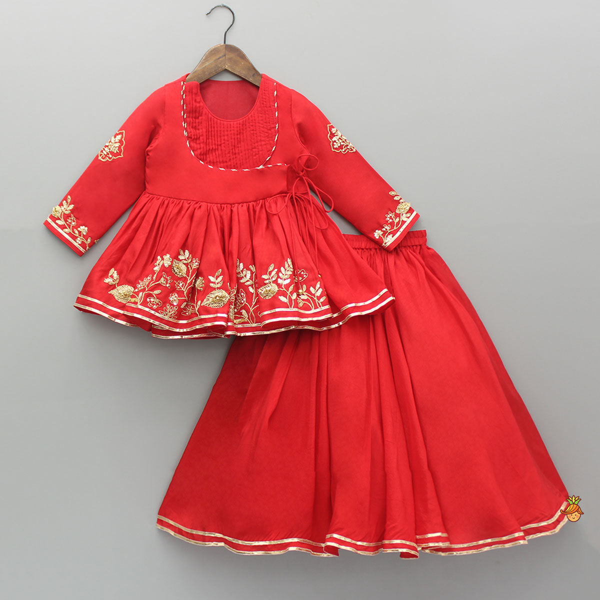 Pre Order: Red Embroidered Angarkha Style Peplum Top And Lehenga