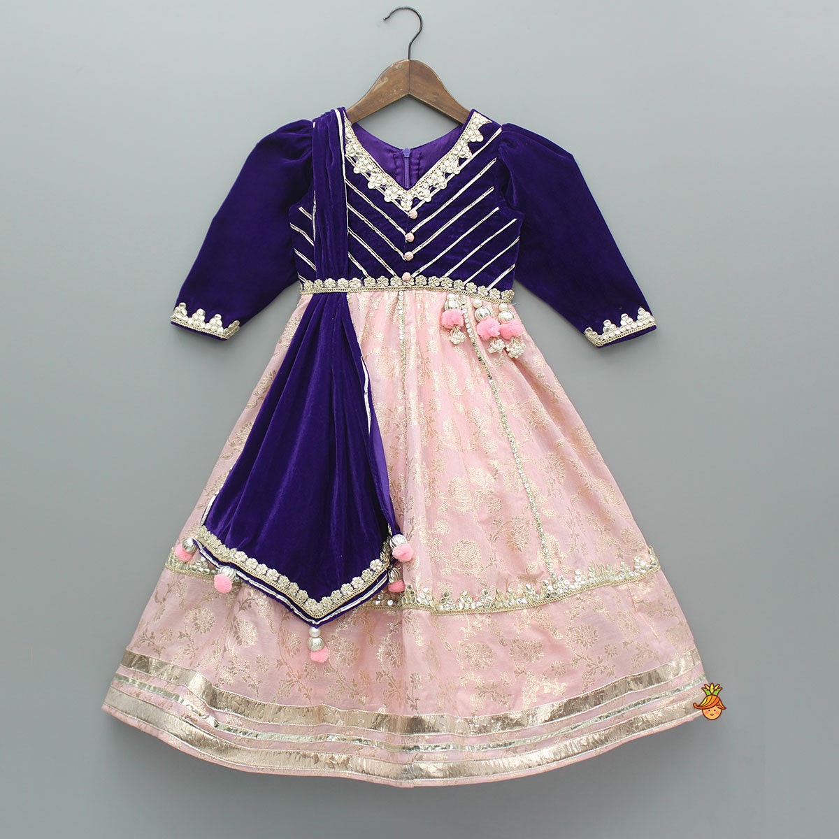 Pre Order: Chanderi Embroidered Dual Tone Anarkali With Attached Dupatta