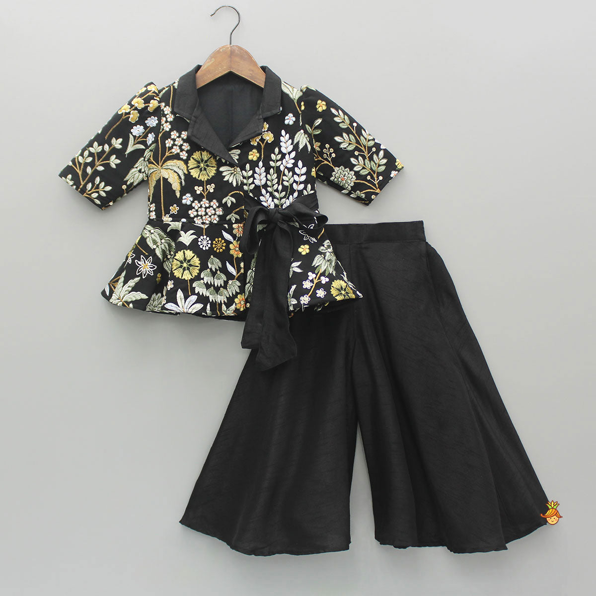 Pre Order: Embroidered Black Jacket Style Top And Flared Palazzo