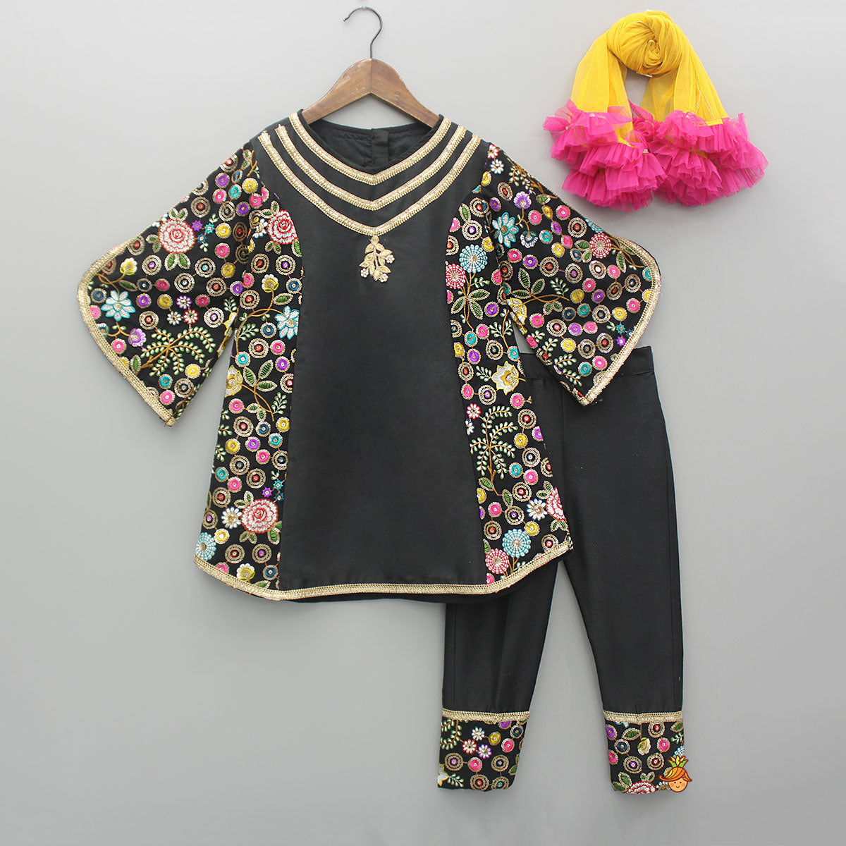 Pre Order: Multicolour Embroidered Black Kurti With Pant And Dupatta