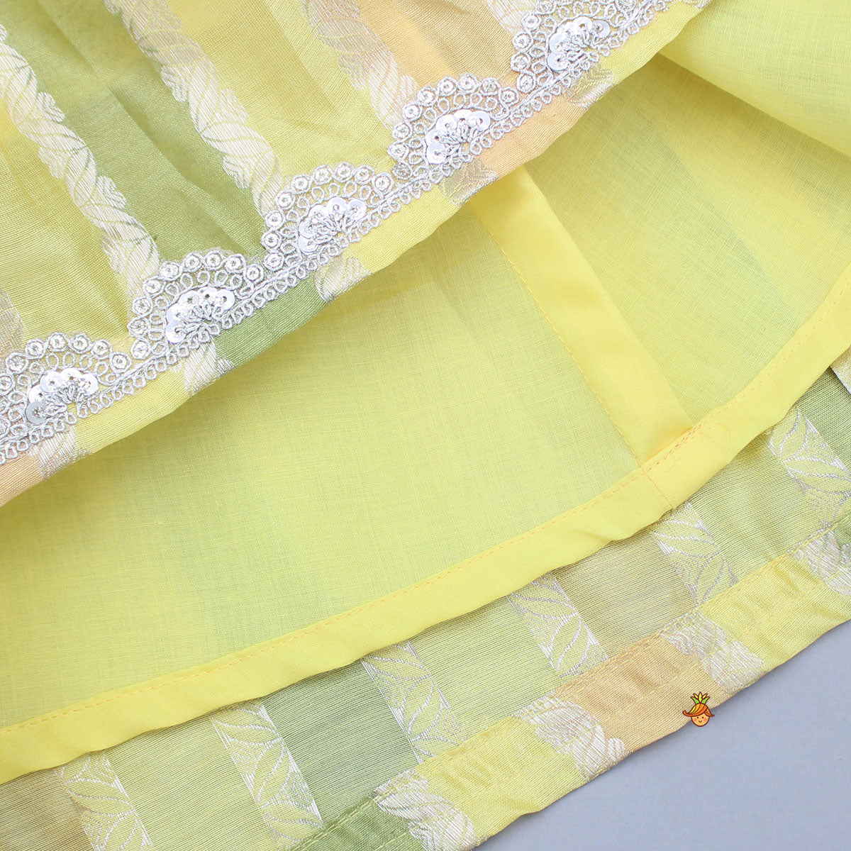 Pre Order: Yellow Shirt Style Top And Multicoloured Colour Blocked Lehenga