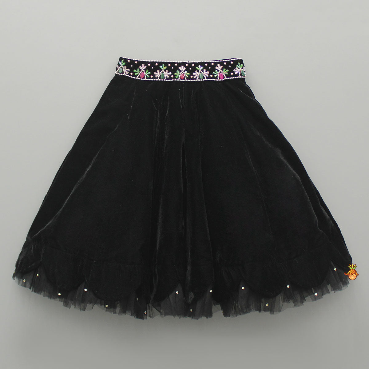 Pre Order: Black Embellished Top With Attached Dupatta And Lehenga