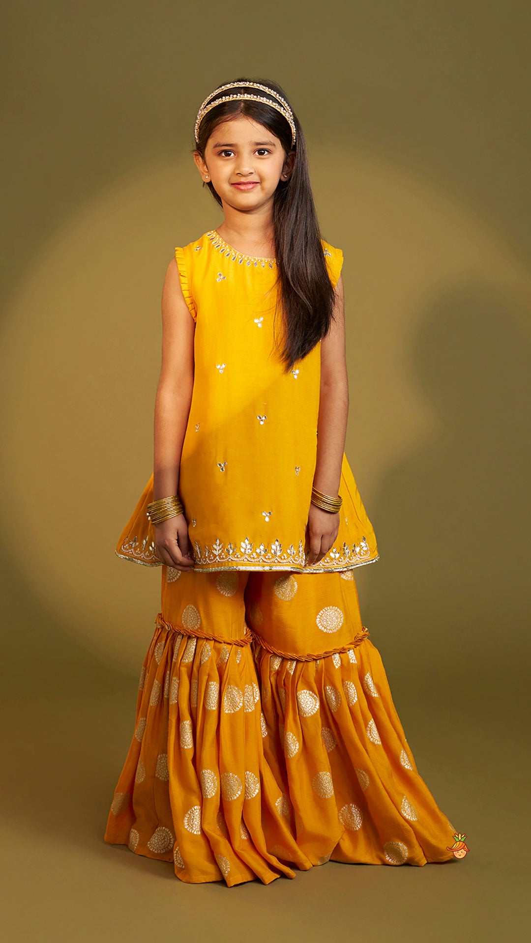 Pre Order: Embroidered Mustard Kurti And Sharara