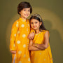 Embroidered Mustard Kurti And Sharara twinning model image 2