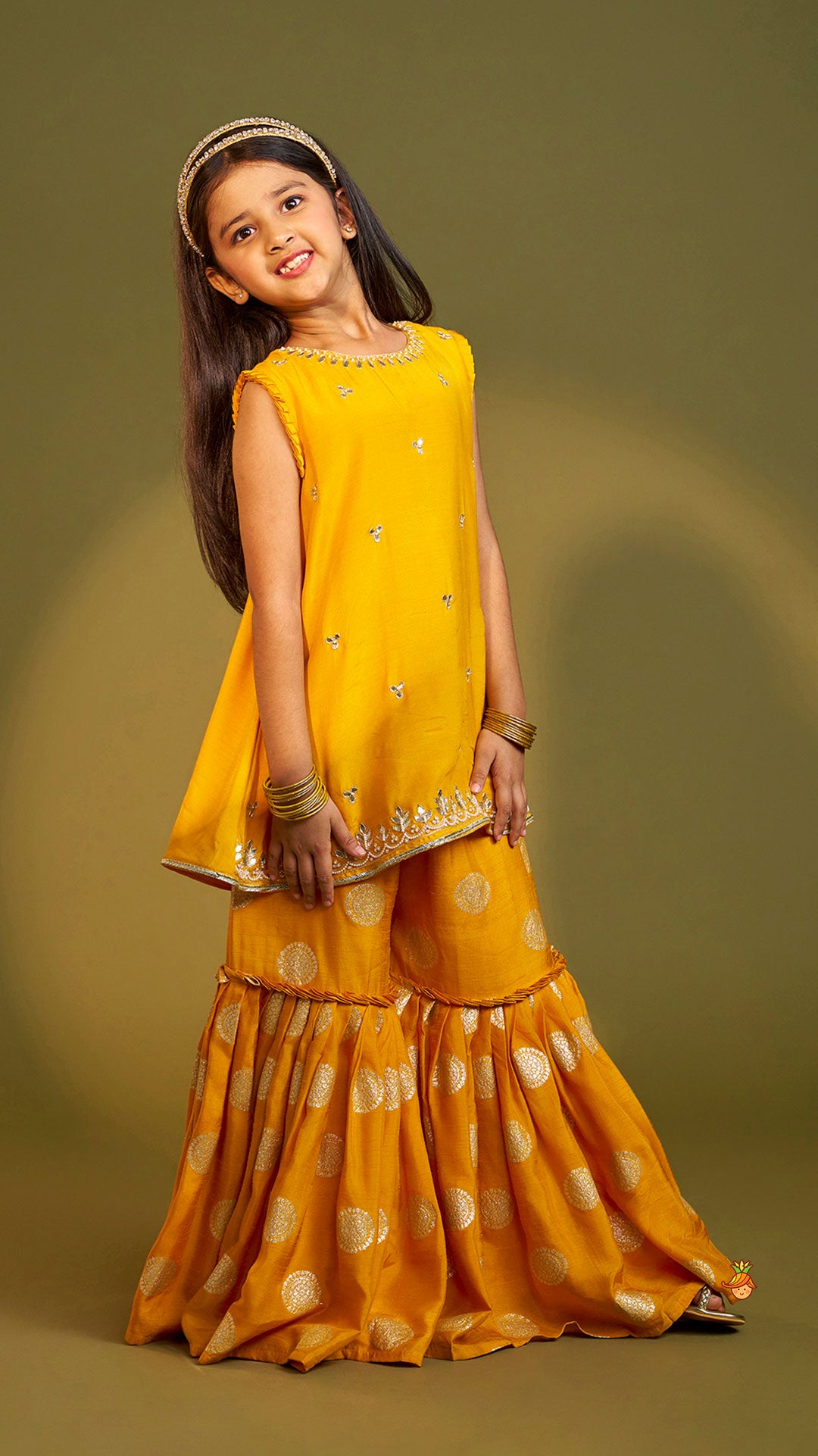 Pre Order: Embroidered Mustard Kurti And Sharara