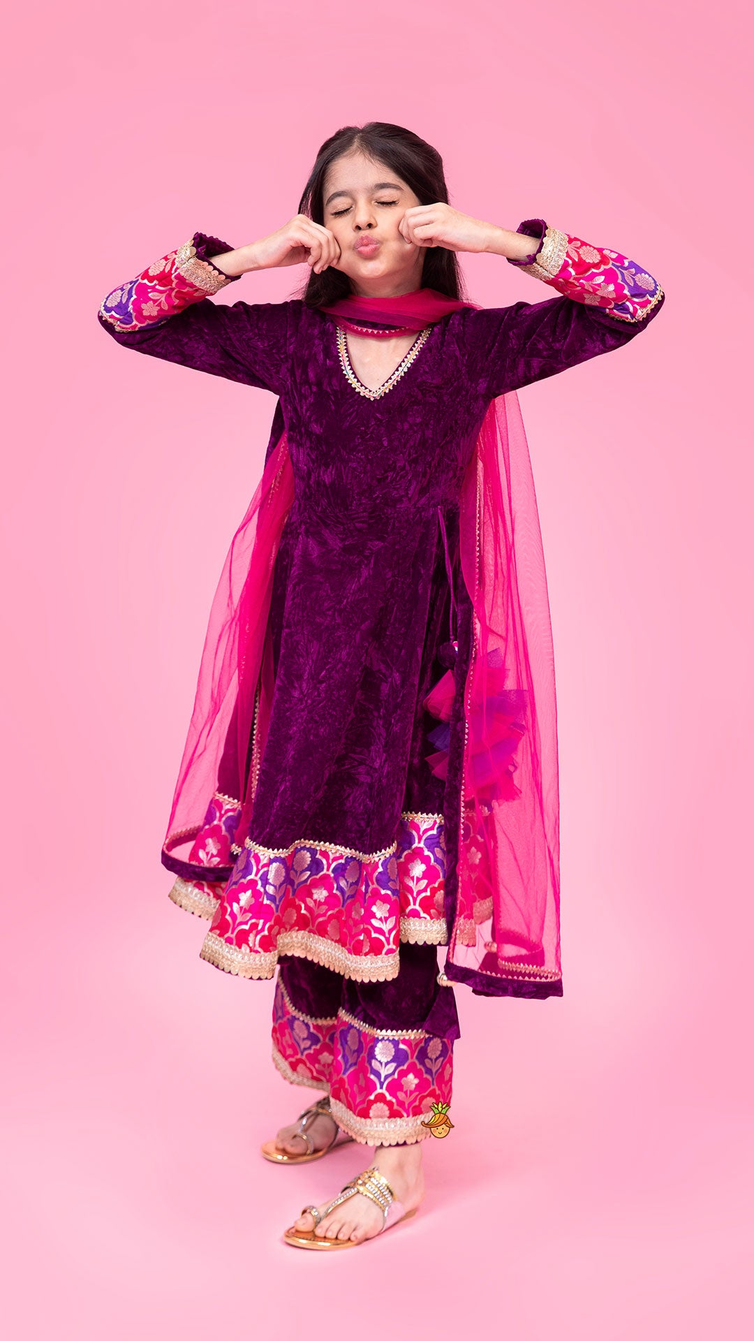 Pre Order: Purple Velvet Lace Detailed Kurti And Pant With Dupatta