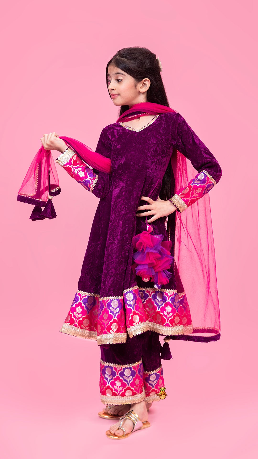 Pre Order: Purple Velvet Lace Detailed Kurti And Pant With Dupatta