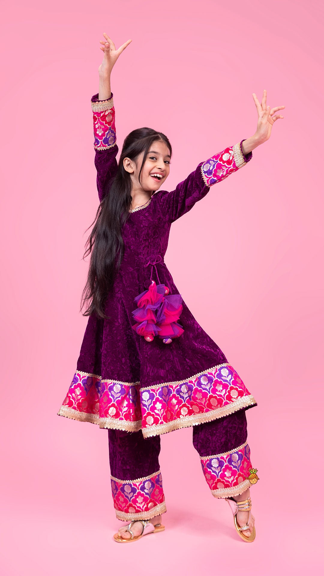 Pre Order: Purple Velvet Lace Detailed Kurti And Pant With Dupatta