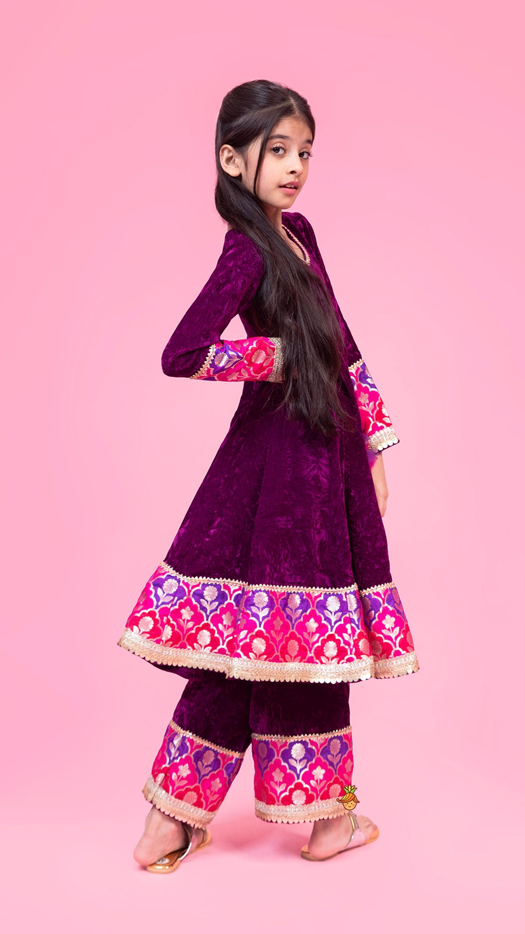 Pre Order: Purple Velvet Lace Detailed Kurti And Pant With Dupatta