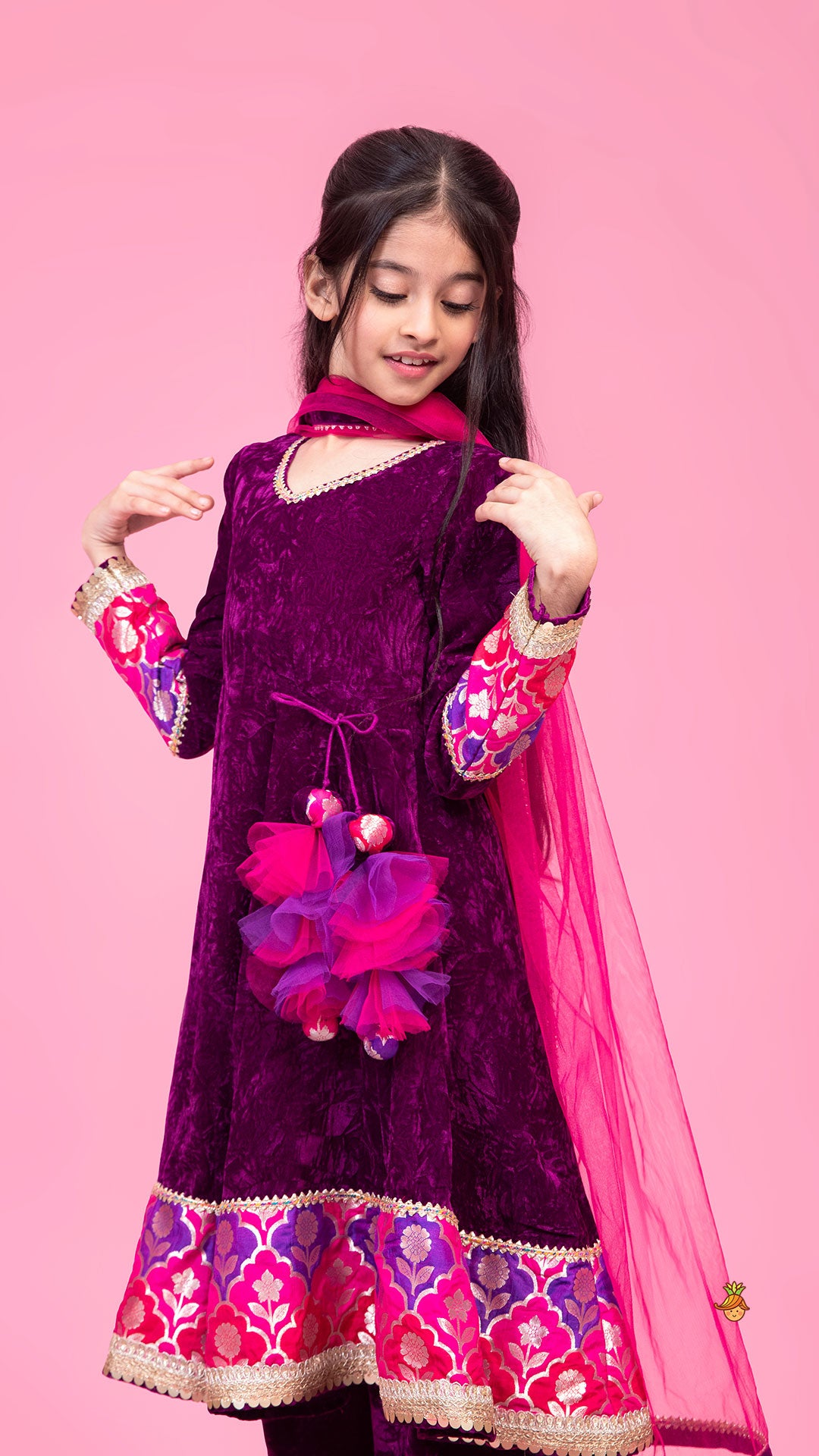 Pre Order: Purple Velvet Lace Detailed Kurti And Pant With Dupatta