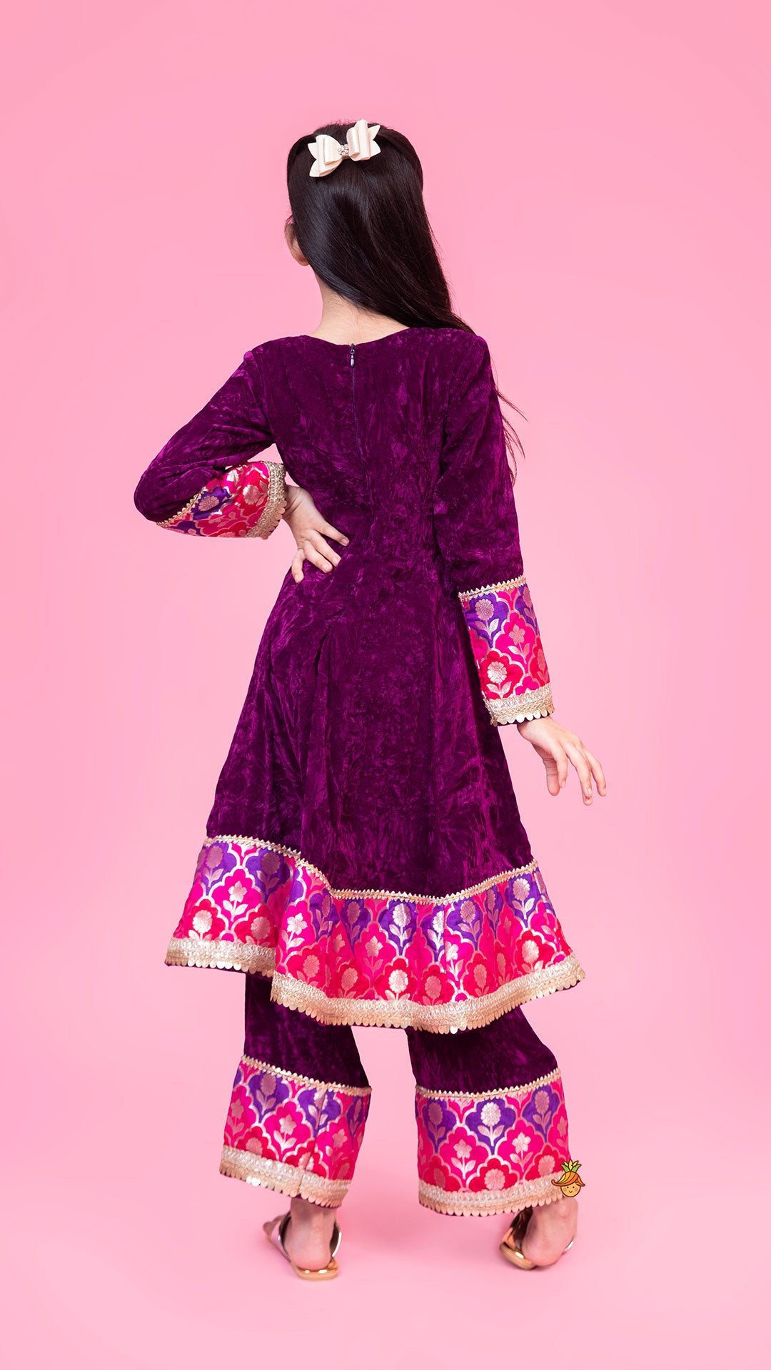 Pre Order: Purple Velvet Lace Detailed Kurti And Pant With Dupatta