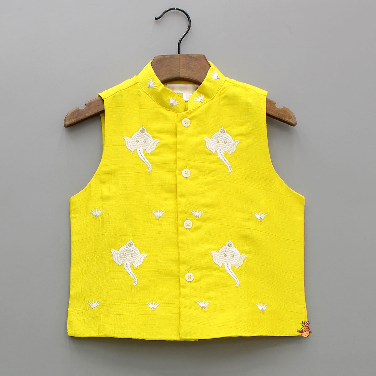 Yellow Ganpati Embroidered Jacket With Matching Kurta And Pyjama