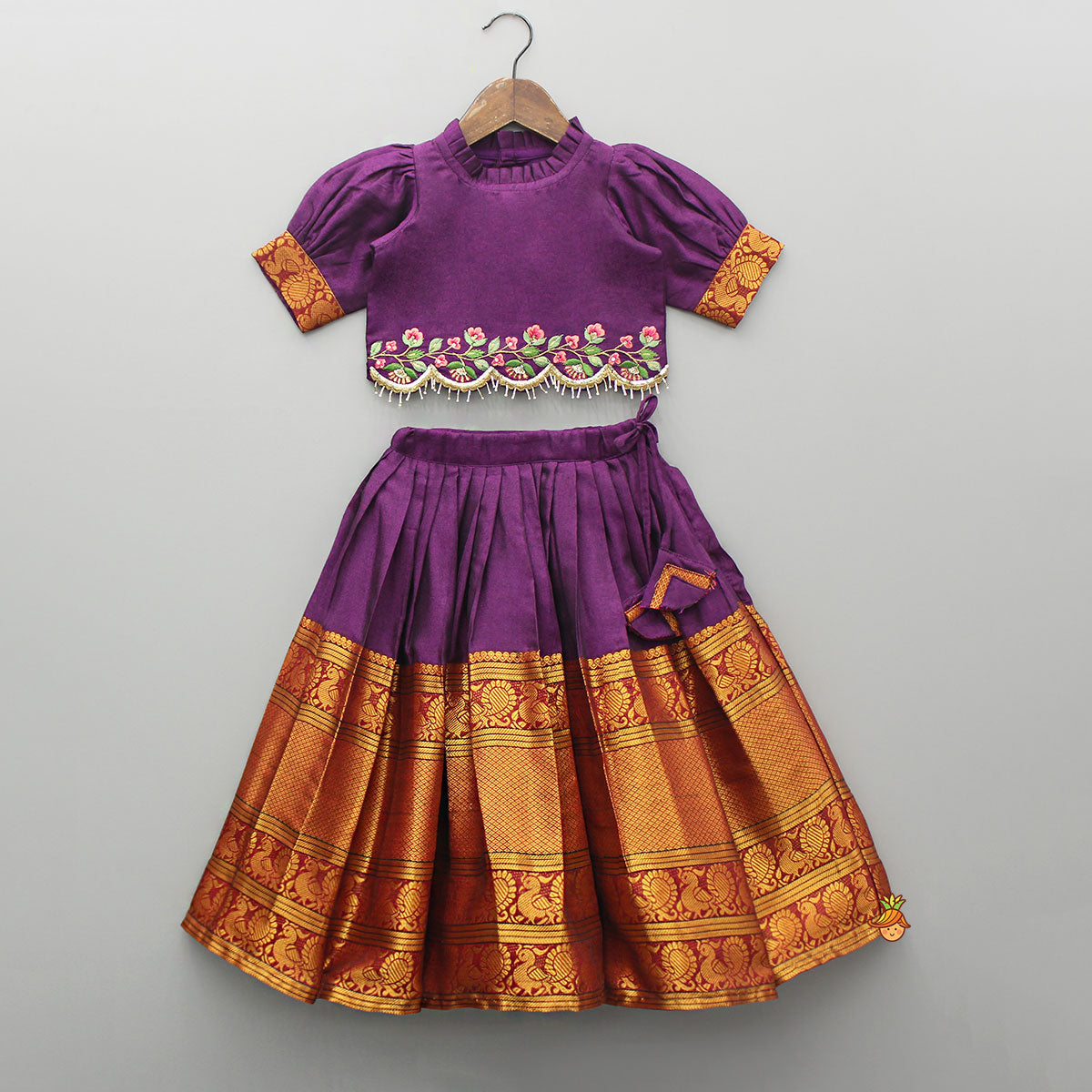 Pre Order: Purple Floral Embroidered Top And Pleated Lehenga